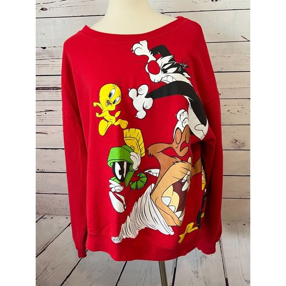 Looney Tunes Sweatshirt Pullover Red XXL 2XL 2X 19 Red Vintage Double Sided - Picture 8 of 11